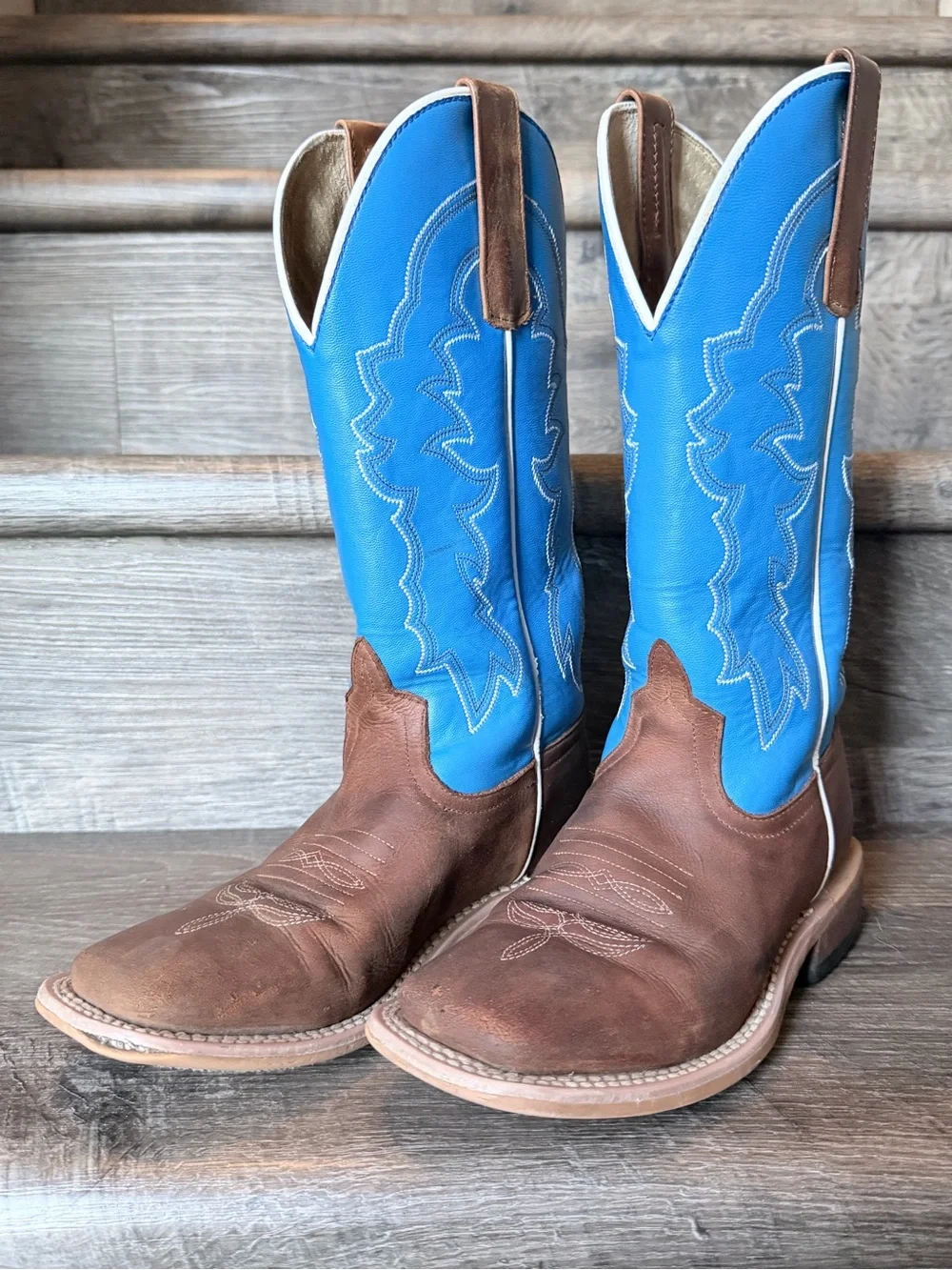 HP Kids Western Cowboy Boots Blue Brown Square Toe Size 4
